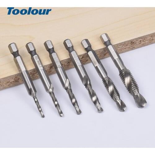 Toolour 6pcs/set 1/4'' Hex HSS High Speed Steel Thread Spiral Screw M3 M4 M5 M6 M8 M10 Metric Composite Tap Wood Drill Bit Tap
