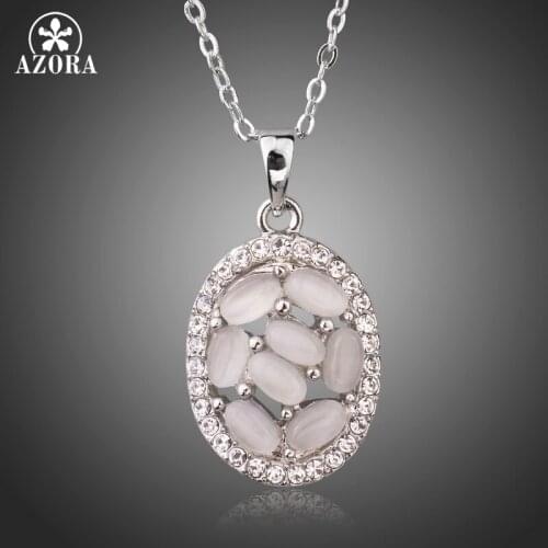 AZORA New Arrival White Gold Color Oval Simulated Cats Eye Set with Austrian Crystals Pendant Necklace TN0189