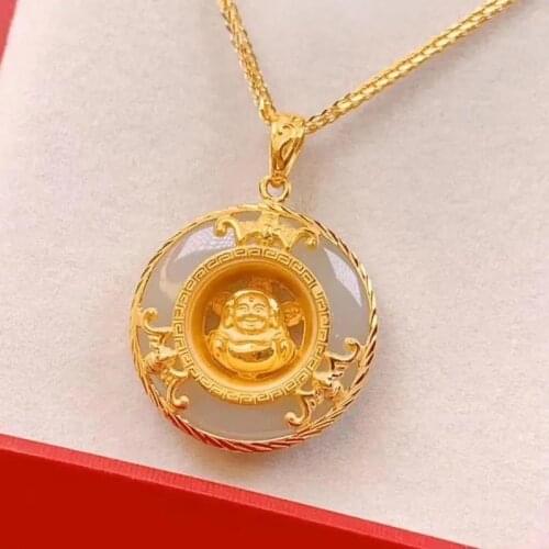 Safety Buddha Statue Buddha Pendant S925 Sterling Silver Gold-Plated Inlaid Natural Hetian Jade White Jade Maitreya Buddha Peace