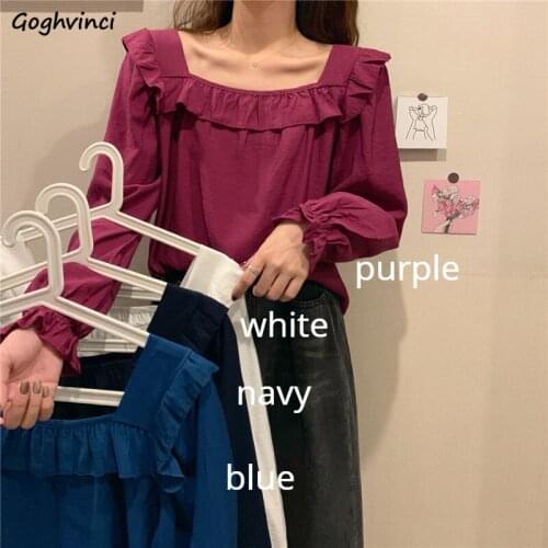 Women Blouses 4 Colors Solid Ruffles Sweet Tops Square Collar Baggy Vintage Stylish Long Butterfly Sleeve French Chic OL Blouse