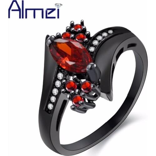 Almei Black Rings For Women Red Crystal Engagement Ring Female Womens Cubic Zirconia Wedding Jewelry Decorating Jewellery Y350