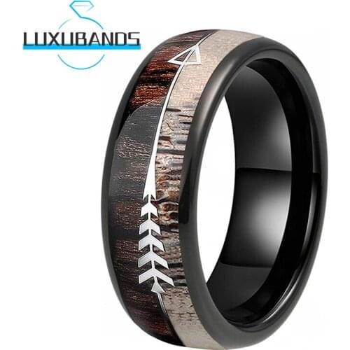 Black Tungsten Carbide Rings For Men Women 8MM Engagement Bands Zebra Wood Antler Arrows Inlay Polished Finished Comfort Fit