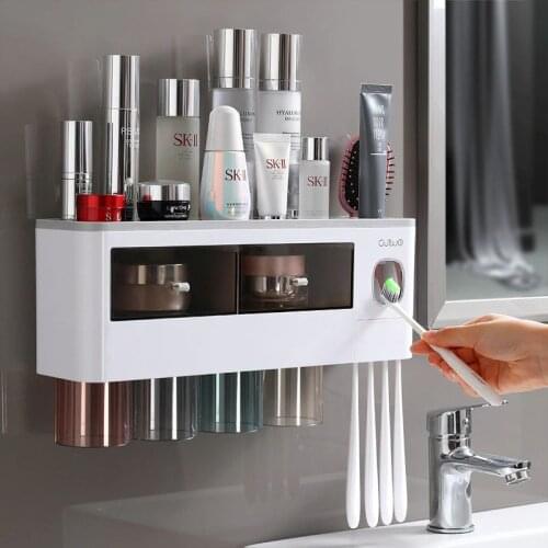 Strong Viscosity Toothbrush Holder Automatic Toothpaste Dispenser With Cup Wall Mount Storage Rack Bathroom Accessories