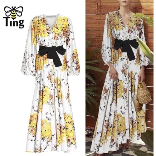 Tingfly Designer Floral Printing Single Breasted Women Party Maxi Long Dress with Sashes Lantern Long Sleeve Casual Fashion Robe