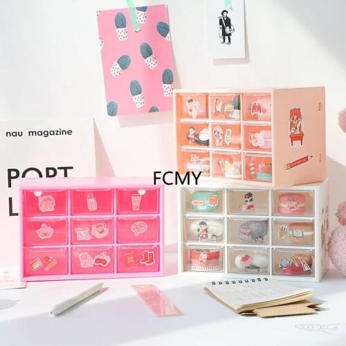 Kawaii Transparent 9 Grid Drawer Desktop Storage Box Desk Organizer Holder Free Sticker School Office Stationery Pen Organizer