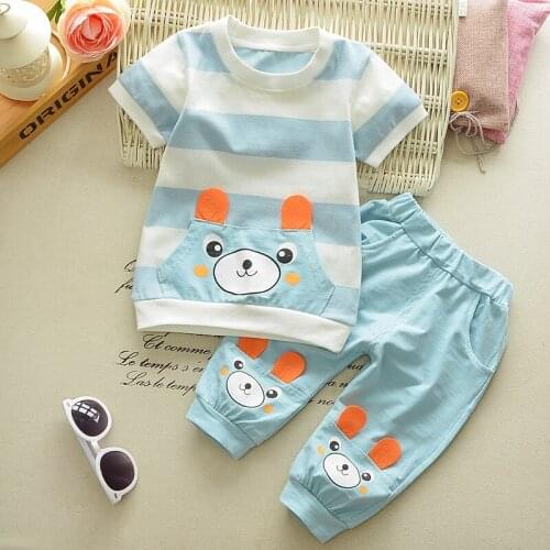 Infant Baby Girls Clothes Set 2021 Summer Newborn Cotton Cartoon Striped Short Sleeve T-Shirt+Pant 2pcs Suit Baby Boys Costume