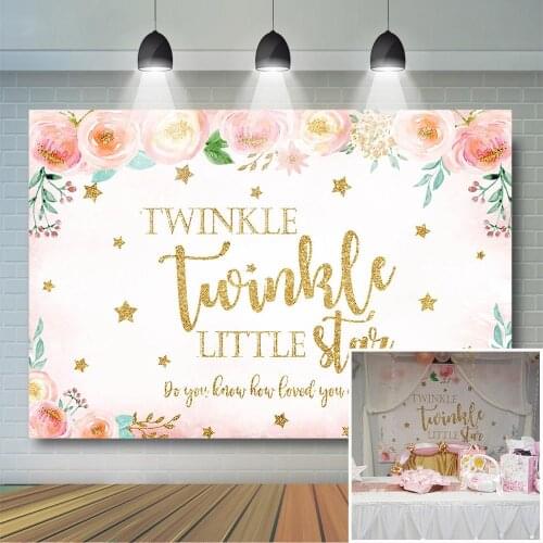 Twinkle Little Star Baby Shower Backdrop Watercolor Flower Gold Glitter Stars Background Girls Baby Shower Birthday Party Decor