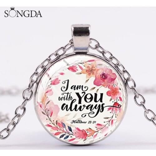 Fashion Bible Verse Flower Border Pattern Necklace Handmade Glass Dome Pendant Inspirational Jewelry Christian Faith Gift