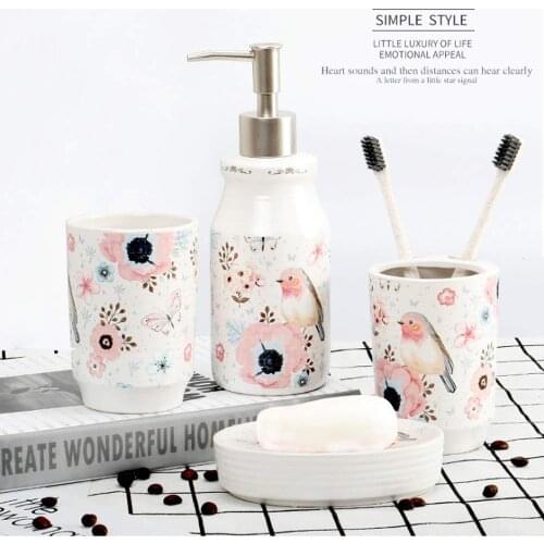 4PCS ceramics Rose flower bird Bathroom Accessories Set Lotion Dispenser/Toothbrush Holder/Tumbler/Soap Dish Cotton swab Product