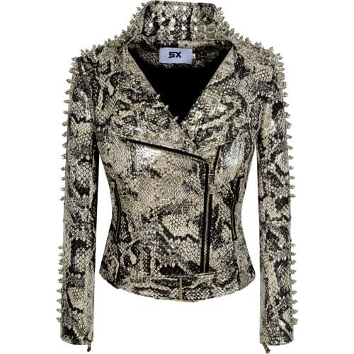 2020 New Womens PU Punk Stud Snake Stripe Jacket Fashion Slim Zipper Coat Rivet Casual Faux Leather Motorcycle Outerwear