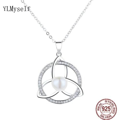 Real 925 Silver Pendant Necklace With 7.5 mm Natural Pearl/Sparkly Zircon, 40+5cm Chain, Elegant Windmill Design Fine Jewelry