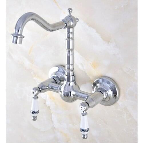 Polished Chrome Brass Wall Mount Kitchen Sink Faucet Swivel Spout Mixer Tap Dual Ceramics Handles Levers anf570