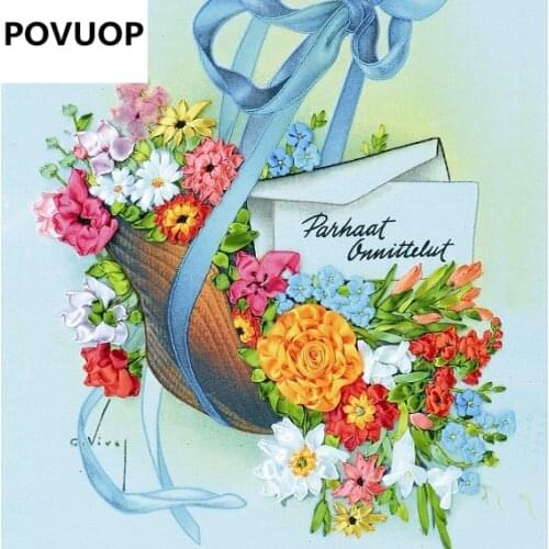 POVUOP Simple ribbon embroidery 45X50CM paintings big fragrance 3d print cross stitch three-dimensional embroidery