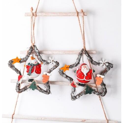 Retro Christmas Snowman Five-pointed Star Vine Wreath Door Hanging Garland Coffee Shop Door Decor Christmas Decoration Pendant