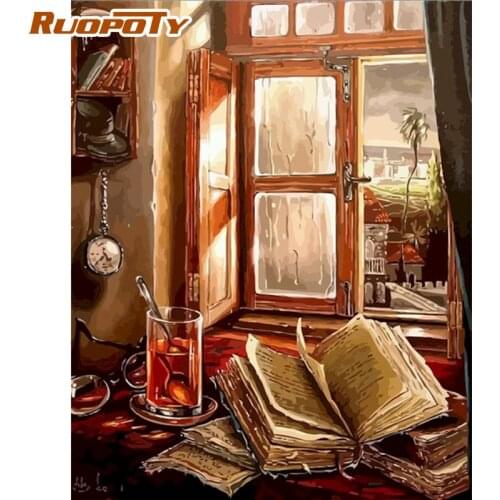 RUOPOTY Painting By Numbers Kits For Adults Children 40x50cm Framed Book In Front Window Landscape Paint Home Wall Art Craft