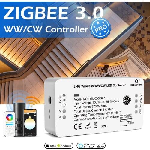 Zigbee 3.0 GLEDOPTO Pro WW/CW LED Strip Controller DC 12-54V Compatible with Hue Bridge Mobile Phone App Remote Voice Control