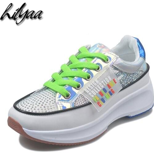 Spring New Fashion Woman Sneakers Mesh Crystal Sequins Girls Bling Platform Shoes Female Sport Running Green Sneakers For Women