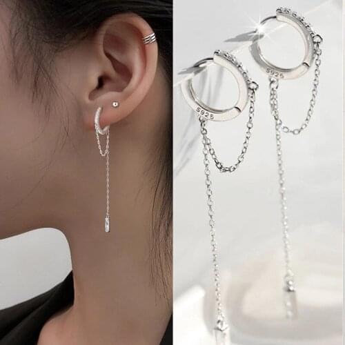 1PC Fashion Silver Color Long Tassel Drop Hoop Earrings for Women Personality White CZ Zircon Chain Earrings Party Jewelry