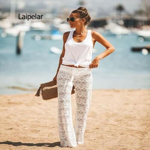 Women Crochet Beach Wide Leg Pants See Through Swimwear Bikini Cover Up Lady Sexy Hollow Out Long Trousers
