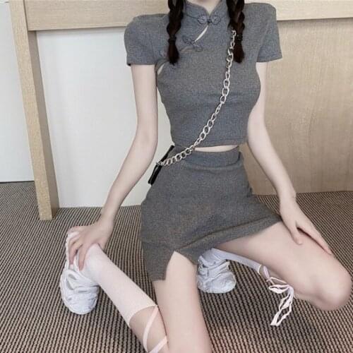 2021 Summer Women Fashion Cheongsam Style Oblique Buckle Short-sleeved T-shirt + High Waist Sexy Slit Bag Hip Skirt Suit Y305