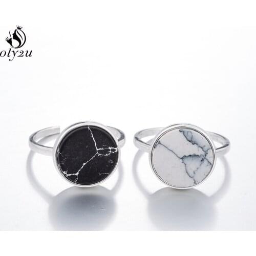 Fashion Round Faux Marbled Stone Rings for Women Unique Black White Adjustable Silver Color Ring Geometry Knuckle Anillos 2021