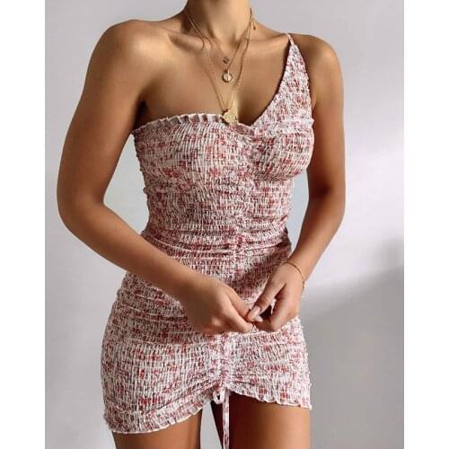 High Quality 2020 Women One Shoulder Indi Ruched Mini Dress In Beige Floral Holiday Female Mini Dress