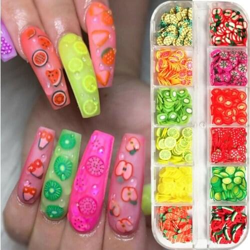 12 grids/box 3D fruit mix tiny slice sticker polymer clay DIY watermelon orange strawberry nail design nail art decoration