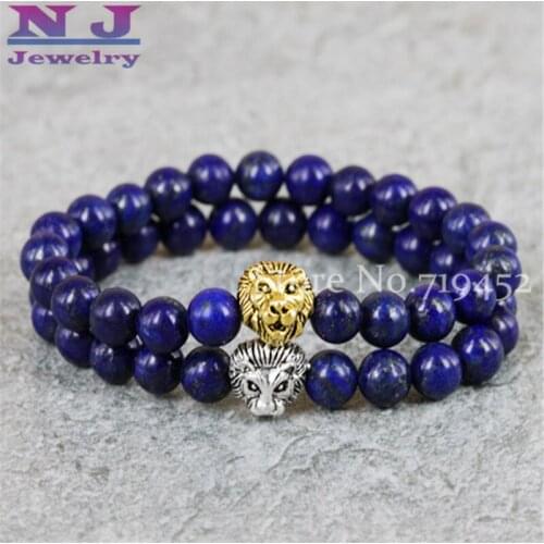 2020New Design Jewelry Wholesale 10pcs/lot 8mm Natural Lapis Lazuli Stone Beads Antique Lion Head Bracelets Men gift