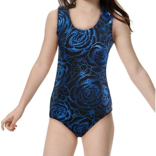 2018Shiny Blue Roses Design Dance Unitard Girls Sleeveless Gymnastic Leotard Dancewear Acrobatics Professional Training Costumes