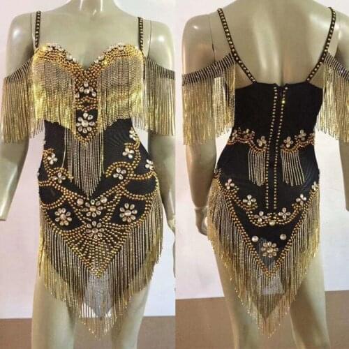 2021 Sexy Bodysuit Gold Rhinestones Fringes Dress Women Birthday Celebrate Short Dress Festival Outfit Prom Party Evening Dress