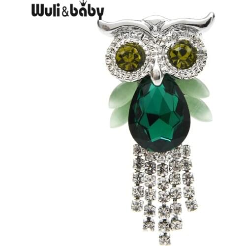 Wuli&baby Tassal Owl Brooches Women Green Crystal Owl Bird Casual Party Office Brooch Pins Gifts