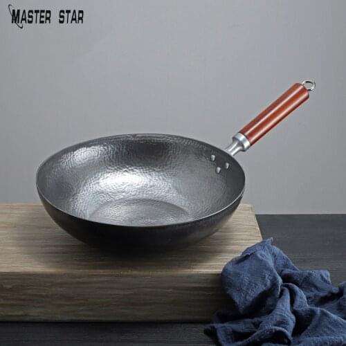 Baby Wok Induction Available Chinese Handmade Iron Wok 100% Hand hammering Flat Bottom PanFree Season High Quality Cookware