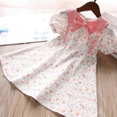 Children dress 2021 summer baby girl bow collar flower print cotton princess dresses wholesale