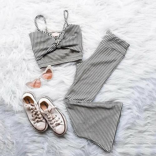 Drpshipping 2Pcs Clothes Set Kids Baby Girl Striped Sling Vest Crop Tops+Long Pants Clothes Sunsuit