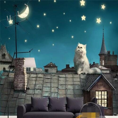 Seamless wallpaper Beautiful fairytale roof of Persian cat moon stars background wall cloth custom 3d wallpaper mural