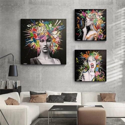 Graffiti Art Abstract Woman Crazy Canvas Painting Cuadros Posters Print Wall Art Picture for Living Room Home Decor (No Frame)