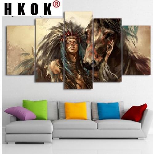 HKOK HD printed 5 piece Canvas Art tribe warrior with horse Painting 5 panels Wall Pictures Decor Free shipping Home room Decor