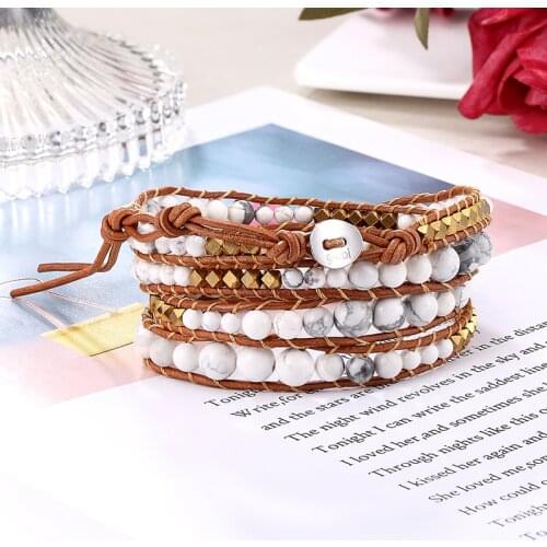 Classic leather bracelet Bracelet Cuffs cord mens natural stone energy bead woven 4 circles stone hand jewelry gift