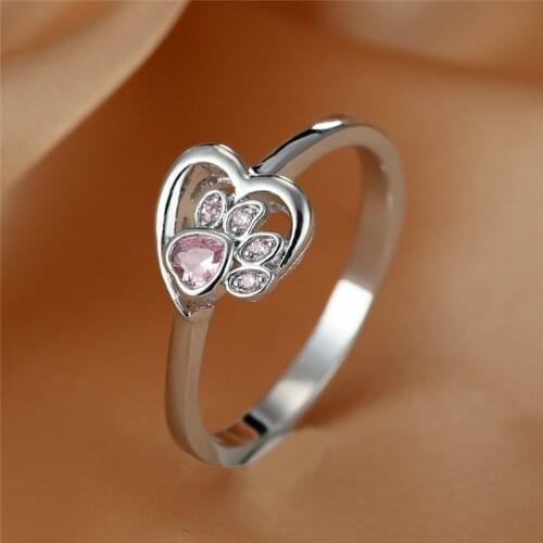 White Zircon Pink Crystal Heart Stone Ring Cute Cat Paw Dog Claw Ring Dainty Hollow Silver Color Wedding Rings For Women Jewelry