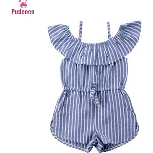 Brand New Toddler Infant Child Kid Baby Girl Stripe Off Shoulder Romper Jumpsuit Pocket Clothes Ruffled Sunsuit Outfit 1-6Y