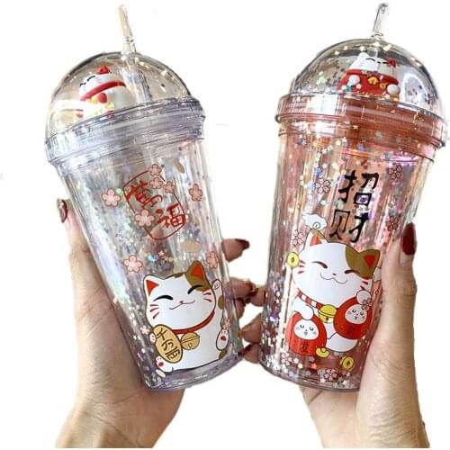 450ml Creative Lucky Cat Water Bottle Double Wall Portable Water Bottle for Tea Mug Outdoor Sport Supplies Coffee Kitchen Tools