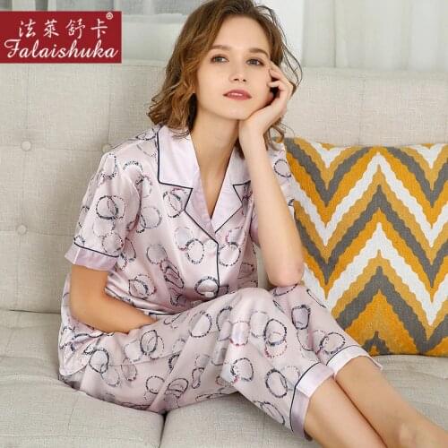 100% Natural Silk Pajama Sets Female Summer Real Silkworm Silk Sleepwear Short Sleeve Long Pants Printed Women Pyjamas T8237