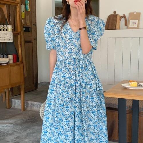 Lamtrip Sweet Flowers Print Puff Sleeve Dress