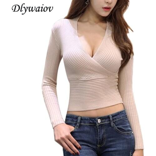 Sexy Low Chest Deep V neck Sweater Women Tops 2020 Autumn Pull Fashion High Waist Slim Tight High Femme Elastic Knitted Pullover