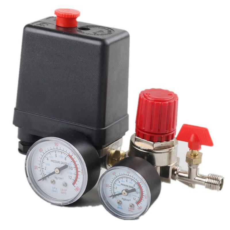 4 Holes Pressure Switch Manifold Regulator Gauges Air Compressor Pressure Switch Control Valve 90-120PSI, Normally Closed