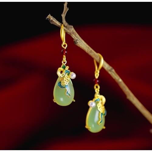 Golden Inlaid Jade Drop Earrings 18K Yellow Gold Filled Ethnic Style Waterdrop Jade Earrings for Women