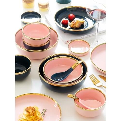 Blue ceramic plate Deluxe gold inlaid ceramic tableware food set plate salad soup bowl steak plate restaurant for Hotel