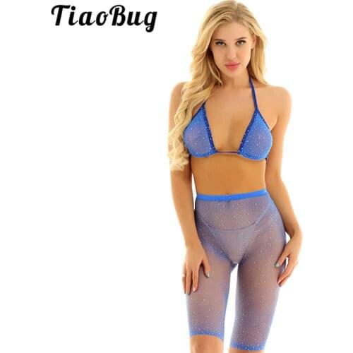 TiaoBug Women Glitter Rhinestone Mesh Sheer Fishnet See Through Swimsuit Bra with Shorts Bikini Set Beachwear Sexy Bathing Suits