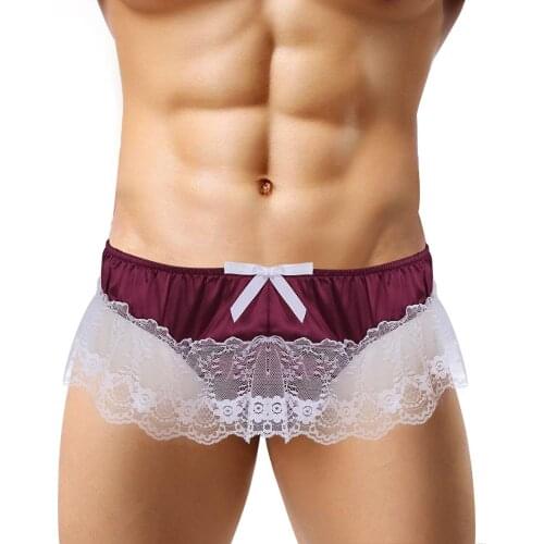 Gay Men Sissy Panties Shiny Soft Satin Lingerie Ruffled Floral Lace High Cut Low Rise Bikini G-string Thong Underwear Panties