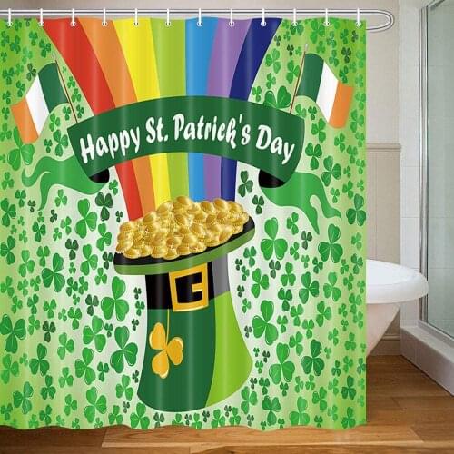 Happy St Patricks Day Shower Curtain Shamrock Clover Leaf and Gold Coin Decor Polyester Fabric Bathroom Curtains Set with Hooks